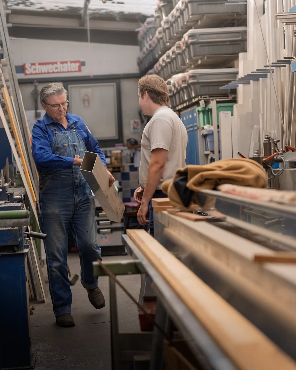 Axel Graupe bespricht in der Werkstatt ein Aluminiumprofil mit einem Mitarbeiter